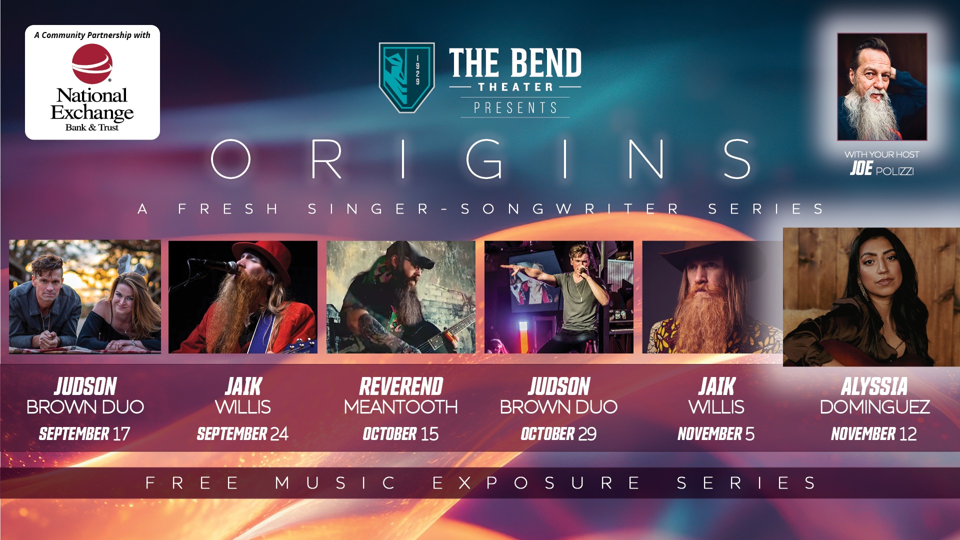 ORIGINS Fall 2026 lineup poster: Judson Brown Duo, Jaik Willis, Reverend Meantooth, and Alyssia Dominguez, hosted by Joe Polizzi, presented by National Exchange Bank & Trust