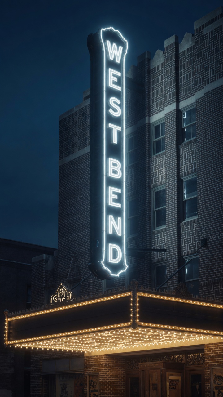 The Bend Theater blade sign glowing at night on Main Street, West Bend